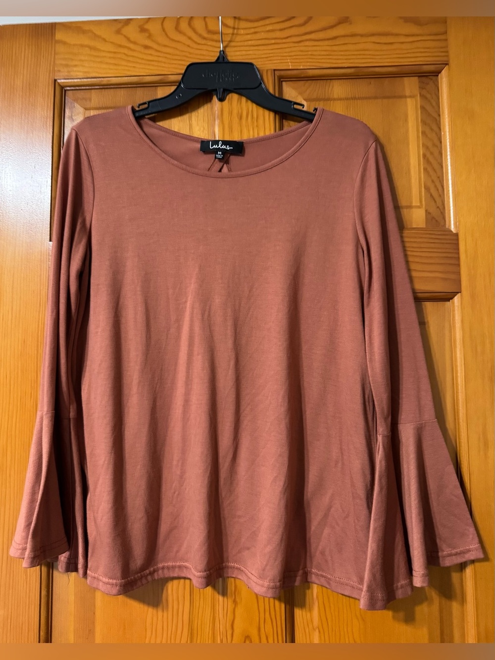 Lulu's Rust Bell Sleeve Crewneck Open Back Top